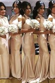 Ärmelloses Normale Taille Nackenband Bodenlanges Brautjungfernkleid aus Satin