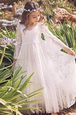 Langärmeliges Prinzessin Bodenlanges Blumenmädchenkleid mit Blume mit Natürlicher Taille