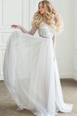 Langärmeliges A-Line Juwel Ausschnitt konservatives Brautkleid mit Bordüre aus Spitze