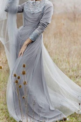 Hoher Kragen Chiffon lange Ärmeln romantisches Brautjungfernkleid mit Schleife mit Bordüre