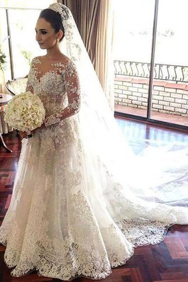 Vintage Tüll Langärmeliges Extravagantes Brautkleid mit Bordüre
