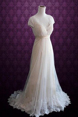 Kurze Ärmeln Vintage plissiertes Tüll Brautkleid mit Schmetterlingsknoten mit Bordüre