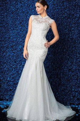 Hoher Kragen Tüll bodenlanges glamouröses Brautkleid mit Applike mit gekappten Ärmeln