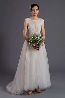 Perlenbesetztes A-Linie bodenlanges Brautkleid aus Tüll mit gekappten Ärmeln