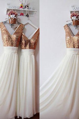 V-Ausschnitt Paillettenbesetztes Paillette Ärmellos Brautjungfernkleid aus Chiffon