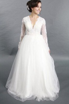 V-Ausschnitt plissiertes langärmeliges romantisches prächtiges stilvolles Brautkleid