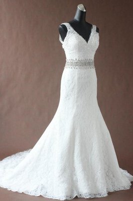 Paillette Perlenbesetztes V-Ausschnitt langes Brautkleid aus Spitze mit Pailletten