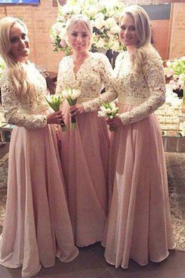 Prinzessin Empire Taille Bodenlanges Brautjungfernkleid mit Bordüre mit V-Ausschnitt