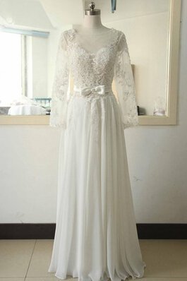 Langärmeliges Tüll Chiffon bodenlanges Brautkleid mit Bordüre aus Satin