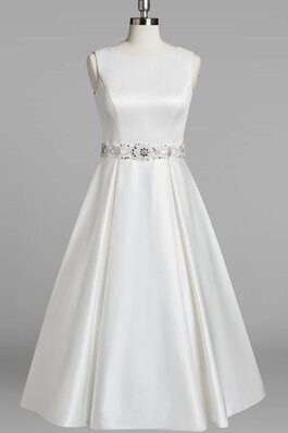 Juwel Ausschnitt A-Line wadenlanges einfaches Brautkleid mit Schaufel Ausschnitt aus Satin