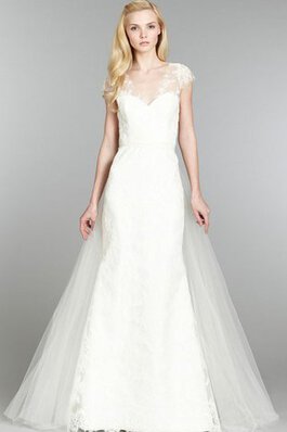 A-Linie natürliche Taile V-Ausschnitt Elegantes Brautkleid aus Spitze mit gekappten Ärmeln