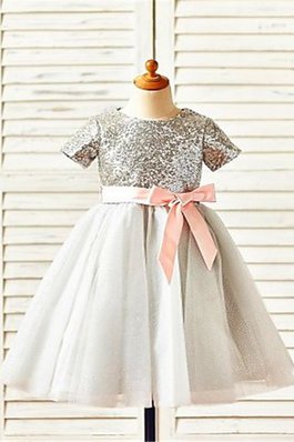 Kurze Ärmeln Reißverschluss Paillettenbesetztes Prinzessin Wadenlanges Blumenmädchenkleid