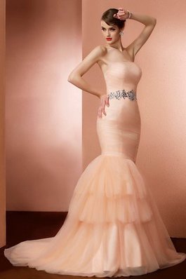 Meerjungfrau Stil Perlenbesetztes Reißverschluss Sweep Train Sittsames Abendkleid