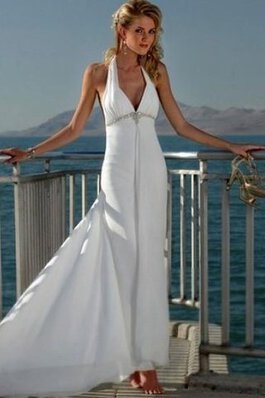 Tüll V-Ausschnitt Ärmelloses Strand Brautkleid mit hoher Tailler