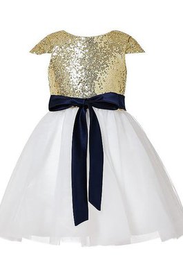 Paillette A Linie Prinzessin Kurzes Blumenmädchenkleid mit Juwel Ausschnitt