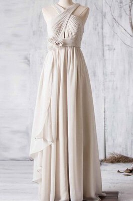 Tiefe Taile A-Line langes schlichtes Brautjungfernkleid mit Blume mit Rüschen