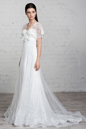 Spitze Tüll V-Ausschnitt einfaches Brautkleid mit Gürtel mit Blume - Bild 1
