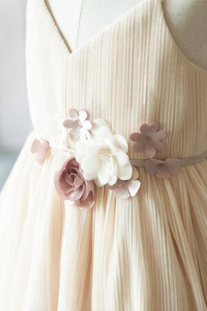 Ärmellos A-Line Tüll V-Ausschnitt knielanges Blumenmädchenkleid mit Gürtel - Bild 5
