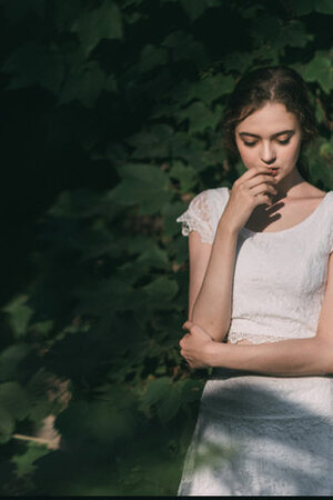 Exquisit A-Line Dehnbarer Satin Brautkleid mit Bordüre mit Kurzen Ärmeln - Bild 6