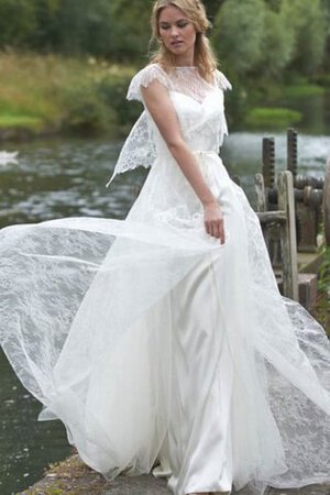 Chiffon Spitze einfaches langes Brautkleid mit kurzen Ärmeln mit Juwel Ausschnitt