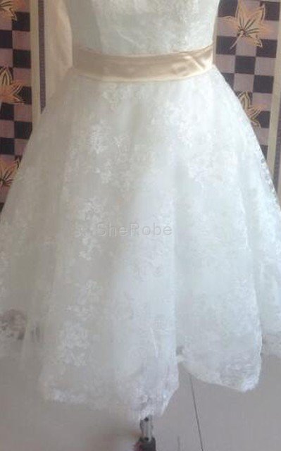 Plissiertes Reißverschluss Spitze Brautkleid mit Schleife mit Bordüre - Bild 5