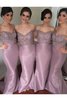 Schulterfreier Ausschnitt Meerjungfrau Stil Sweep train Satin Brautjungfernkleid mit Perlen - 1