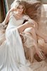Robe de mariée avec chiffon avec manche courte de traîne mi-longue entrecroisé avec cristal - 1