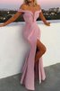 Satin Junoesque Schulterfreier Ausschnitt Bodenlanges Abendkleid mit Rüschen - 1