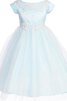 Bateau kurze Ärmeln A-Line Satin bodenlanges Blumenmädchenkleid mit Applike - 1