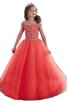 Perlenbesetztes Normale Taille Tüll Duchesse-Linie Blumenmädchenkleid mit Blume - 1