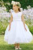 A-Linie hoher Kragen Perlenbesetztes natürliche Taile wadenlanges Blumenmädchenkleid - 4