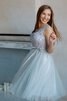 Plissiertes Juwel Ausschnitt A Linie Tüll Abiballkleid mit Applike mit gekappten Ärmeln - 4