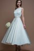 Zeitloses Satin normale Taille Juwel Ausschnitt wadenlanges romantisches Brautkleid - 1