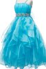 A-Line Empire Taille Perlenbesetztes bodenlanges Blumenmädchenkleid aus Tüll - 3