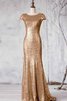 Robe demoiselle d'honneur long naturel en tissu pailleté avec manche courte de col bateau - 1