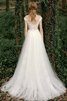 Spitze Leuchtenden Sittsames Bodenlanges Brautkleid mit Schaufel Ausschnitt - 2