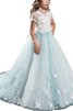 Prinzessin Schaufel-Ausschnitt A-Linie Blumenmädchenkleid mit Kurzen Ärmeln mit Bordüre - 1