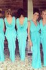 Enges Normale Taille Gerüschtes Ärmellos Brautjungfernkleid mit V-Ausschnitt - 1