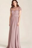 Gerüschtes Bateau a linie bodenlanges Brautjungfernkleid mit gekappten Ärmeln