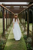 Sencillo Vestido de Novia de Corte-A en Encaje de Cola Capilla de Playa
