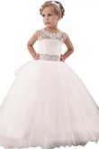 Robe de cortège enfant naturel col u profond en tulle avec fleurs manche nulle