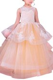 Robe de cortège enfant naturel col ras du cou en tulle de mode de bal avec fleurs