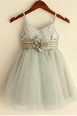 Robe de cortège enfant en tissu pailleté en tulle manche nulle avec fleurs a-ligne