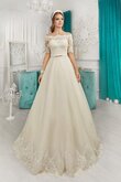 Abito da Sposa con Fiocco Allacciato in Pizzo con Mezze Maniche Naturale Fuori dalla spalla