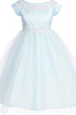 Bateau kurze Ärmeln A-Line Satin bodenlanges Blumenmädchenkleid mit Applike