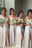 A-Line V-Ausschnitt Reißverschluss modisches bodenlanges Brautjungfernkleid mit Applikation