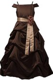 Schulterfreier Ausschnitt A-Line bodenlanges Blumenmädchenkleid mit Blume aus Satin