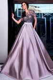 A-Linie kurze Ärmeln normale Taille plissiertes Juwel Ausschnitt Sweep train Ballkleid
