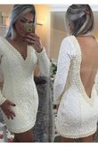 Robe de bal courte naturel avec perles avec manche longue de col en v