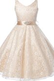 Abito da Cerimonia Bambini V-Scollo A-Line Naturale in pizzo in Pizzo Alla Caviglia